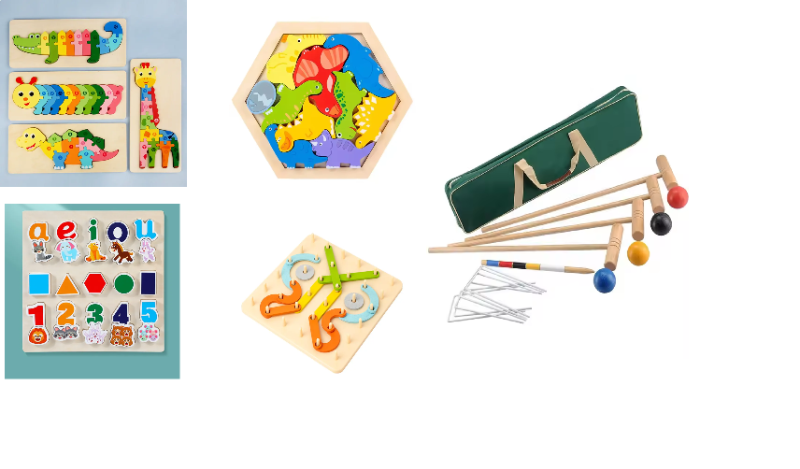 Bundle of Outdoor Croquet Set for Kids (Set of 2) and Wooden Puzzles Set (Shapes, Animals)